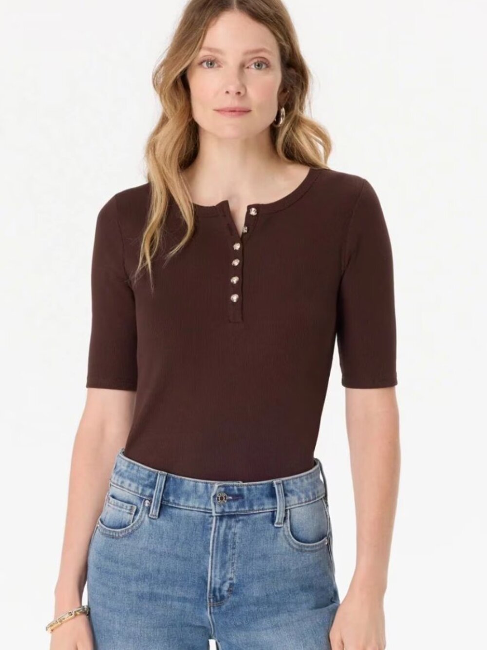 White House Black Market Women’s Elbow Sleeve Henley Top Brown size L